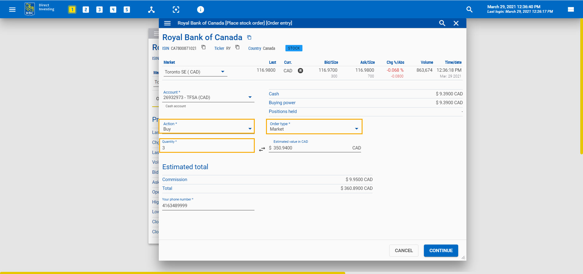 Order entry highlighting empty fields. 